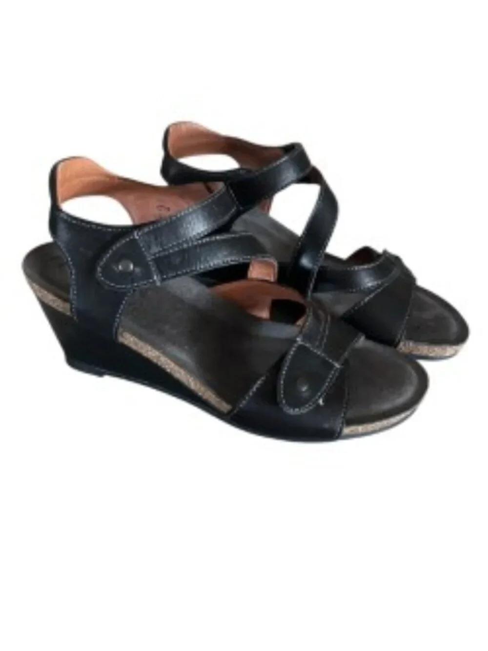 Taos Footwear Wizard Black Leather Wedge Sandal 37